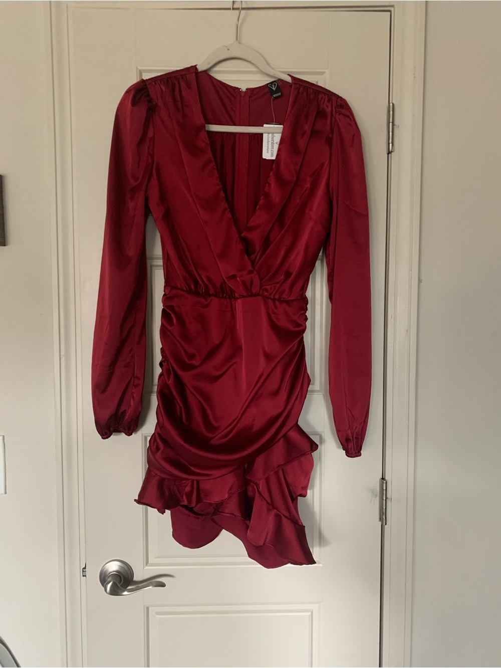 NWT Windsor Satin Ruffle Wrap Mini Dress - Deep Red